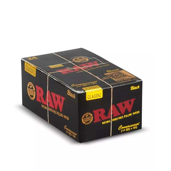 RAW Black Connoisseur 1&1/4 Rolling Papers + Tips (Box of 24)