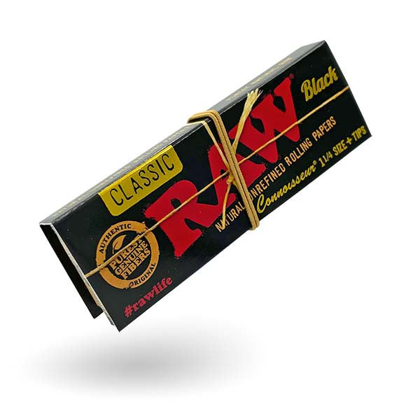 RAW Black Connoisseur 1&1/4 Rolling Papers + Tips (Box of 24)