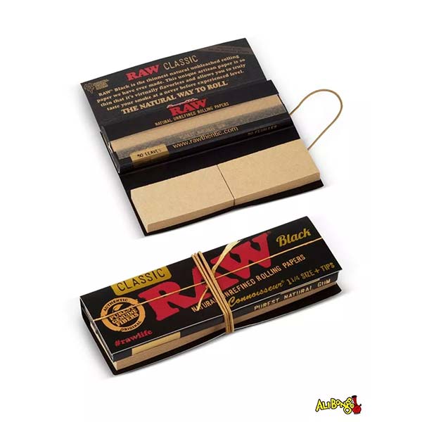 RAW Black Connoisseur 1&1/4 Rolling Papers + Tips (Box of 24)